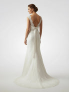 Bateau Neck Cap Sleeve Fit and Flare Lace Wedding Dress - KissProm