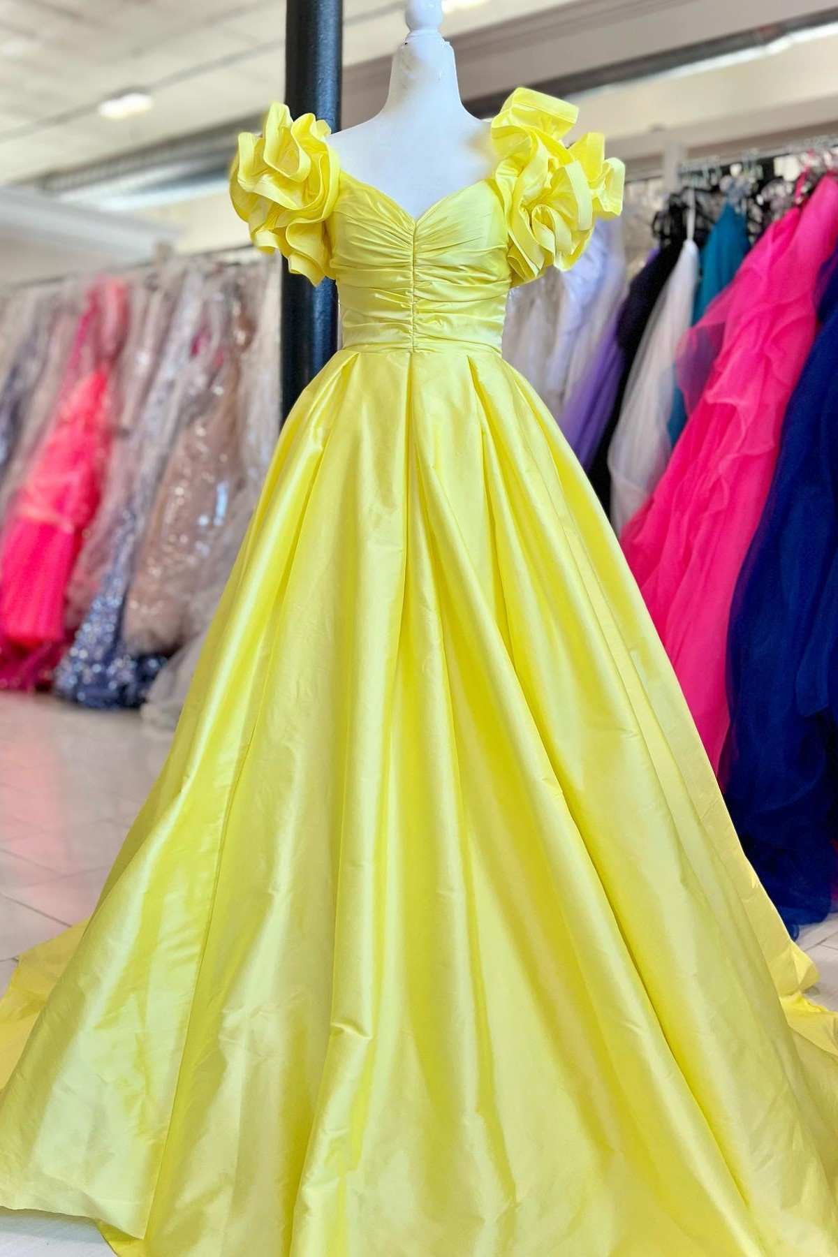 A - Line Yellow Off - the - Shoulder Ruffled Sleeve Prom Dresses - KissProm