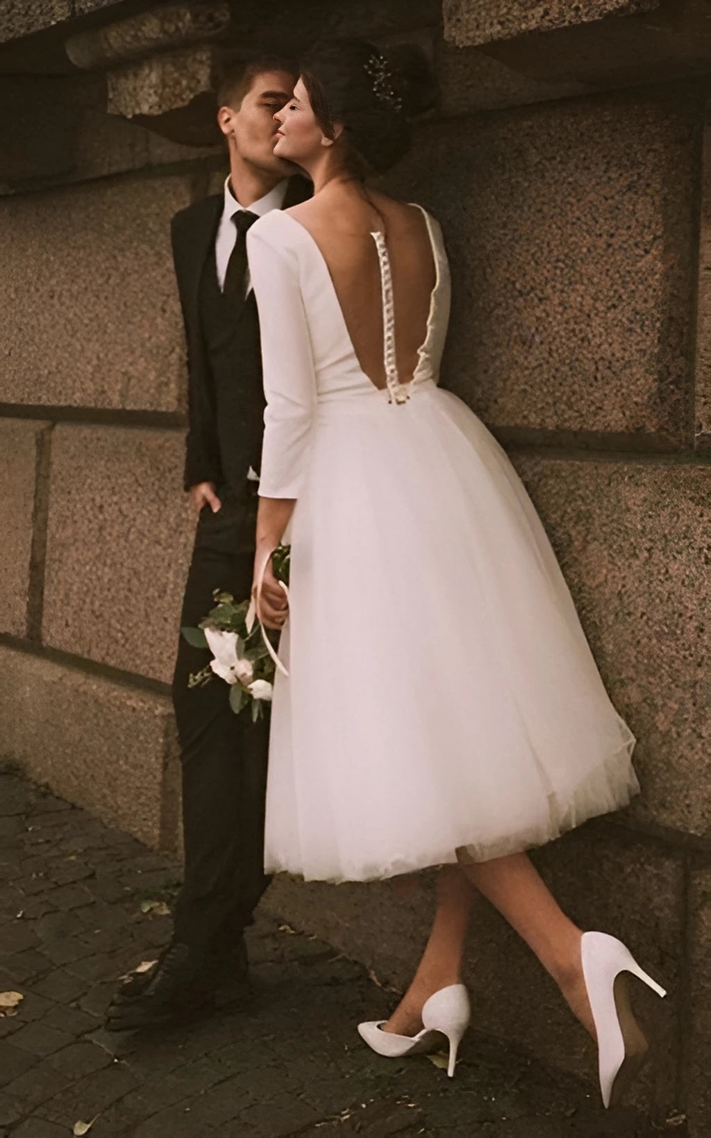Vintage Short Casual Wedding Dress Simple Long Sleeve A-line Tea-lengt ...