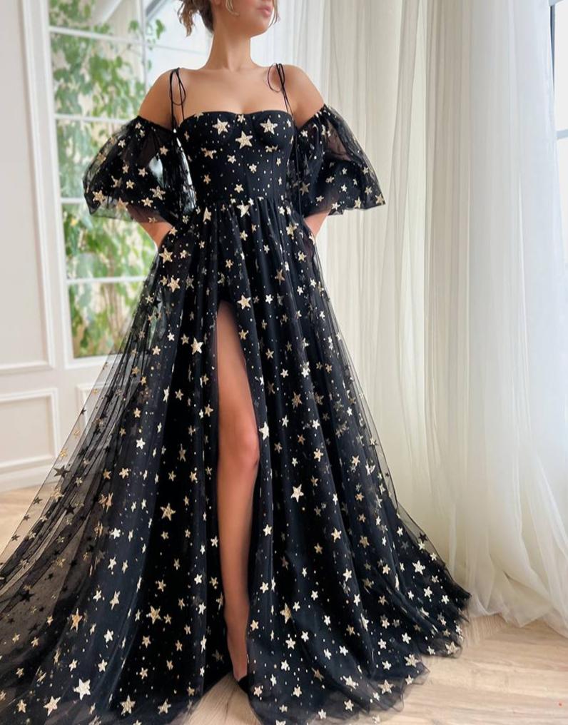 Side Slit Black Prom Dress with Stars, Black / 10 Side Slit Black Prom Dress with Stars, Black / 10