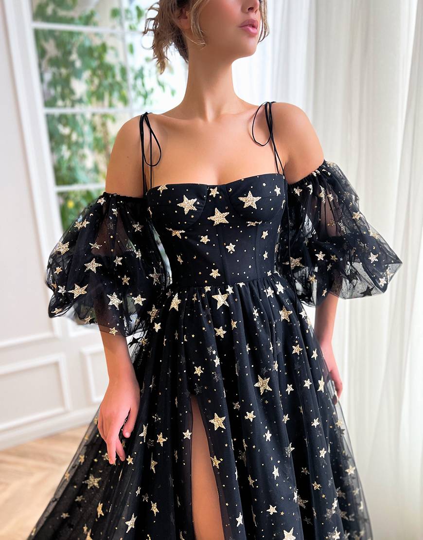 Tara | Side Slit Black Prom Dress with Stars