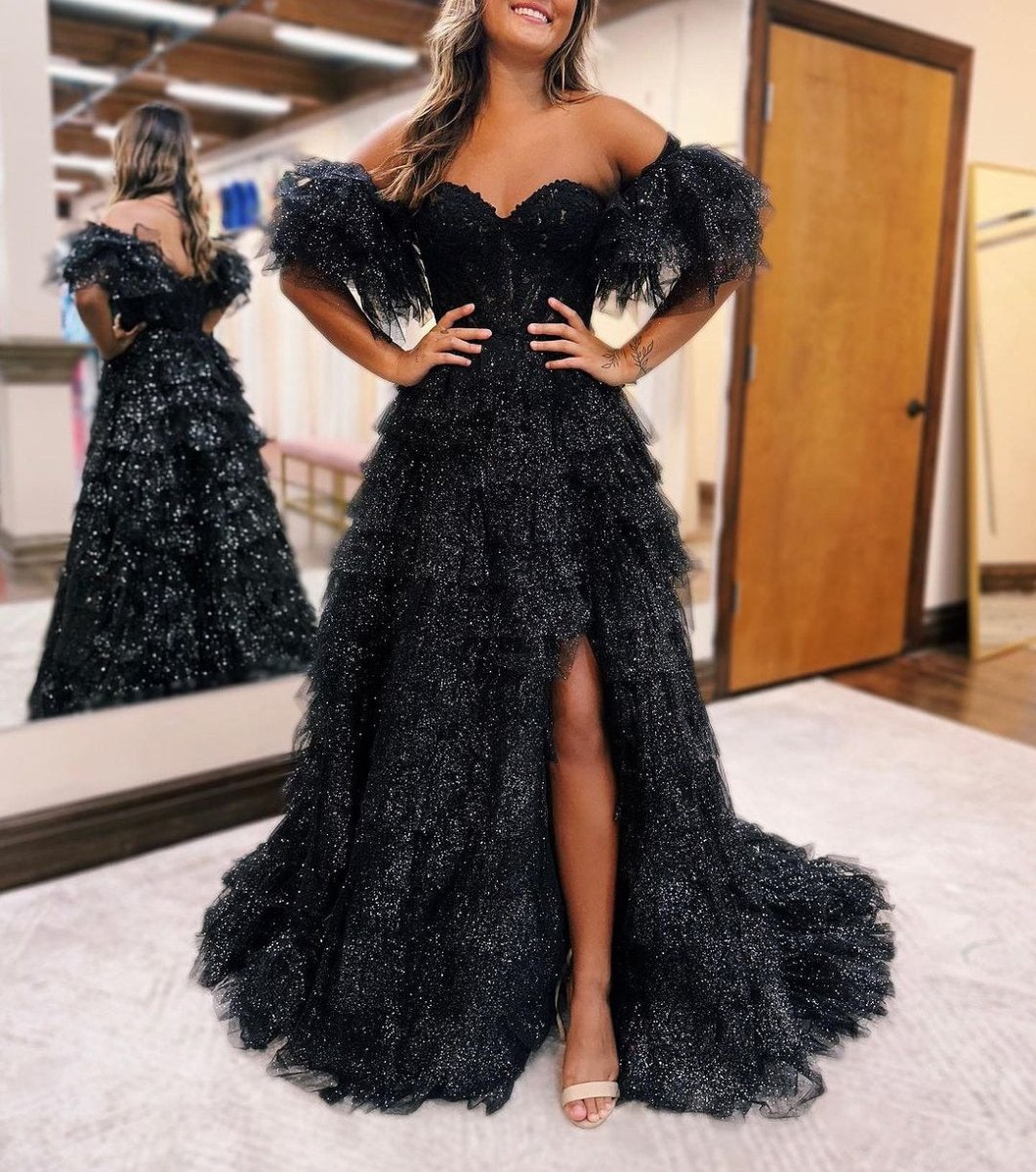Ariya Black A line Off the Shoulder Glitter Tulle Prom Dress with Slit Black / 14 Ariya Black A line Off the Shoulder Glitter Tulle Prom Dress with Slit Black / 14