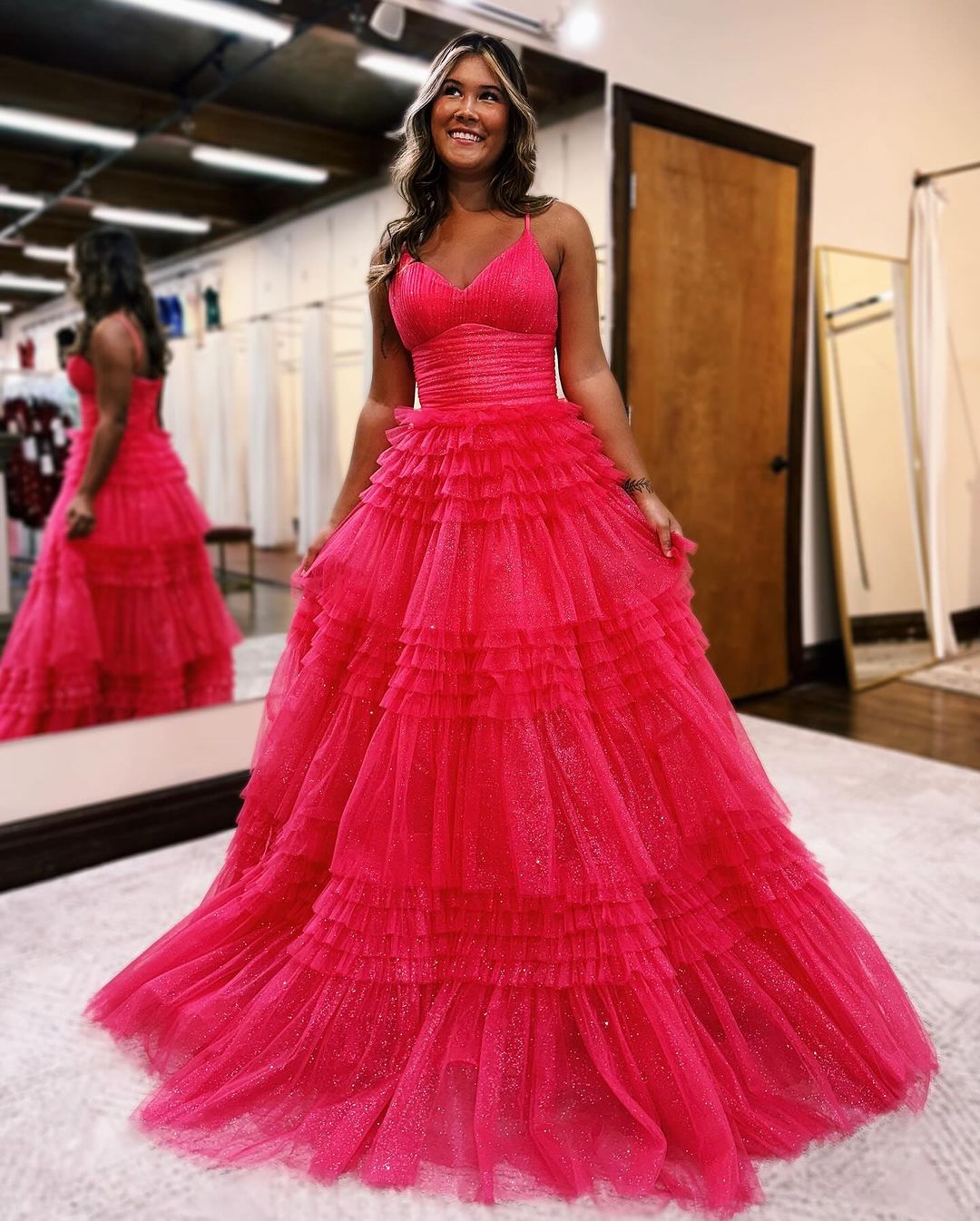 Emerson |A-Line Deep V Neck Tiered Long Glitter Tulle Prom Dress