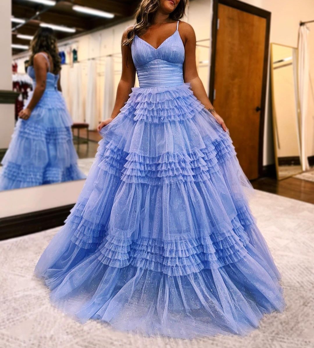 Emerson Black A-Line Deep V Neck Tiered Long Glitter Tulle Prom Dress Emerson Black A-Line Deep V Neck Tiered Long Glitter Tulle Prom Dress