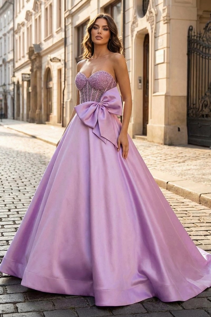 Hindreen | A - Line Sweetheart Lilac Beaded Long Prom Dresses With Bow - KissProm
