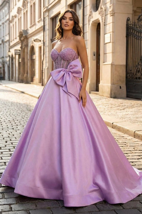 Hindreen | A - Line Sweetheart Lilac Beaded Long Prom Dresses With Bow - KissProm