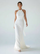 Sheath Satin Backless Halter Wedding Dress - KissProm