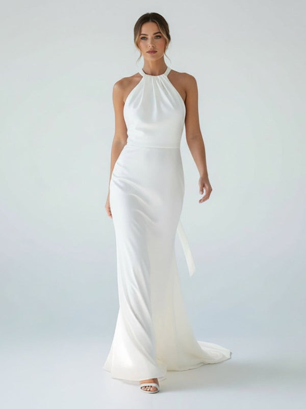Sheath Satin Backless Halter Wedding Dress - KissProm