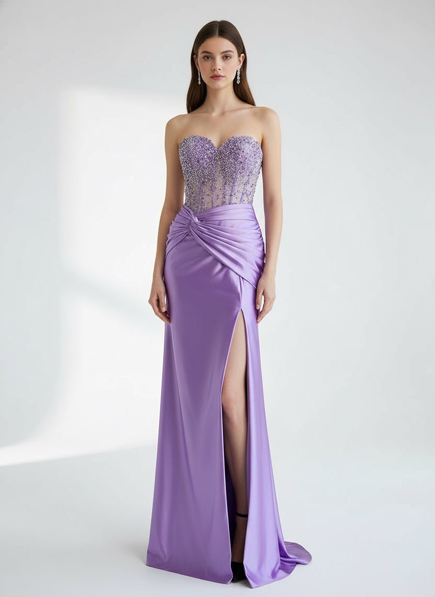 Eirene | Purple Sweetheart Mermaid Satin Long Prom Dress with Beading - KissProm