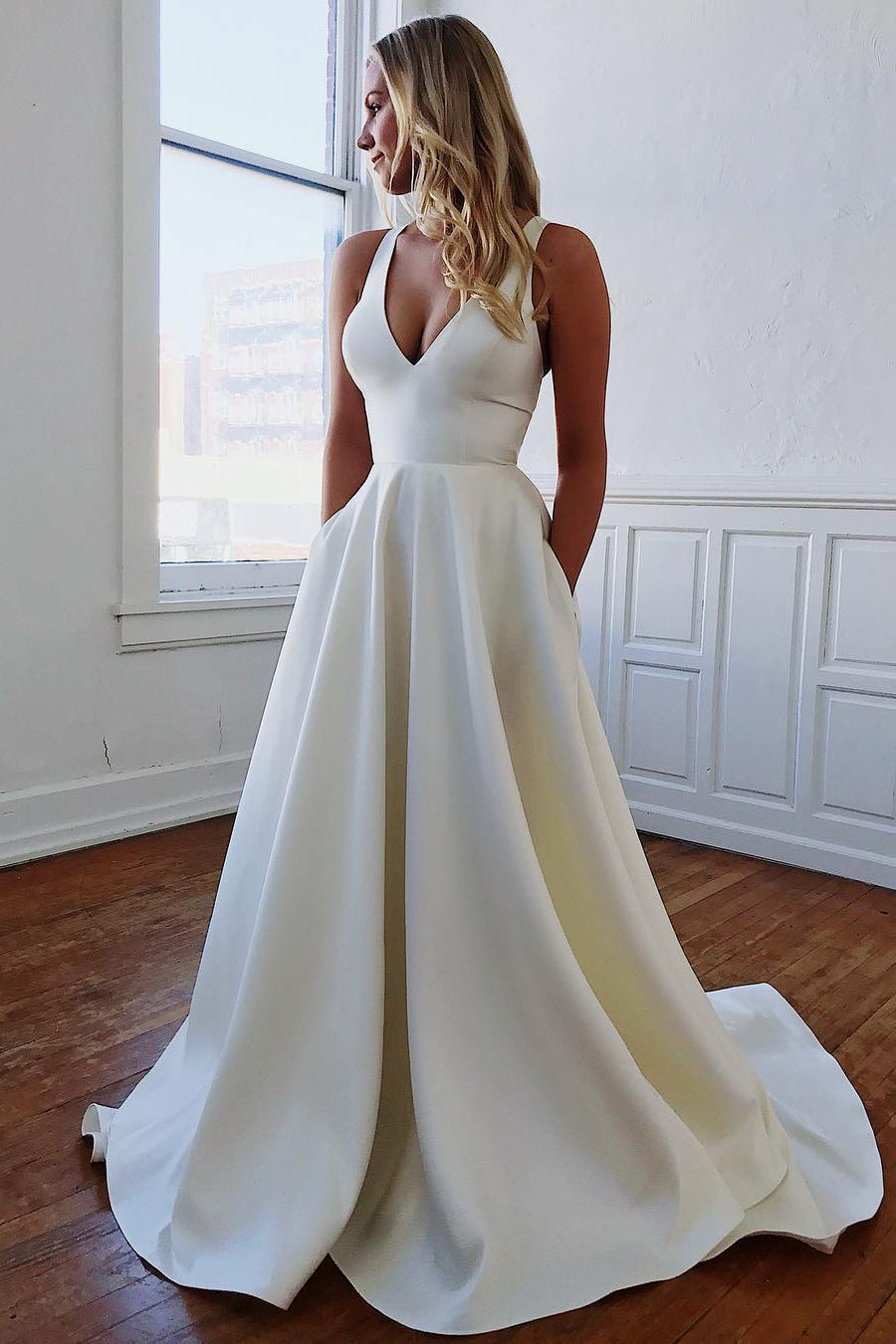 Kendra | Long A-Line V-Neck White Wedding Gown with BowKnot