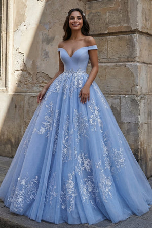 Sky Blue Ball Gown Lace Off the Shoulder Prom Dress - KissProm
