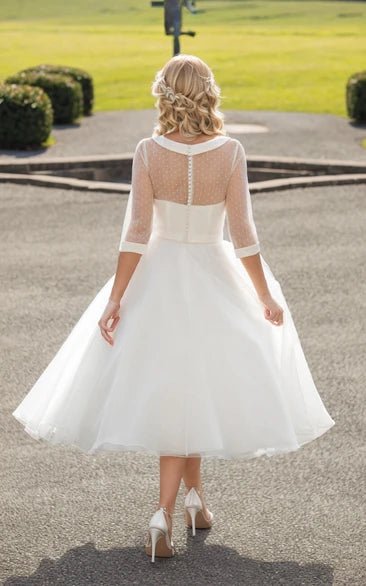 Tea-Length A-Line Bateau Neck Illusion Sleeve Bowed Tulle Wedding Dress