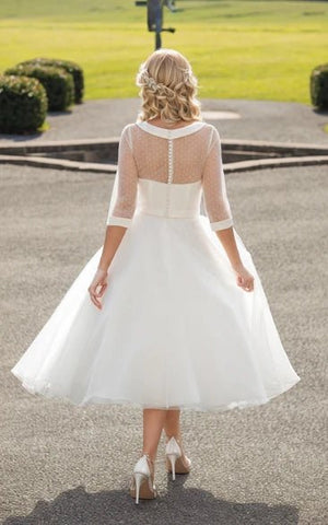 Tea-Length A-Line Bateau Neck Illusion Sleeve Bowed Tulle Wedding Dress
