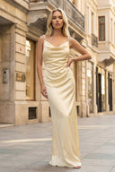 Evale | Yellow - Sheath Spaghetti Straps Satin Long Prom Dresses With Pearls - KissProm
