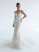 Mermaid V Neck Tulle Lace Wedding Dresses with Train - KissProm