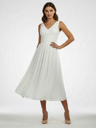 V - Neck Sleeveless Tea - Length Chiffon Wedding Dress With Ruching And Low - V Back - KissProm