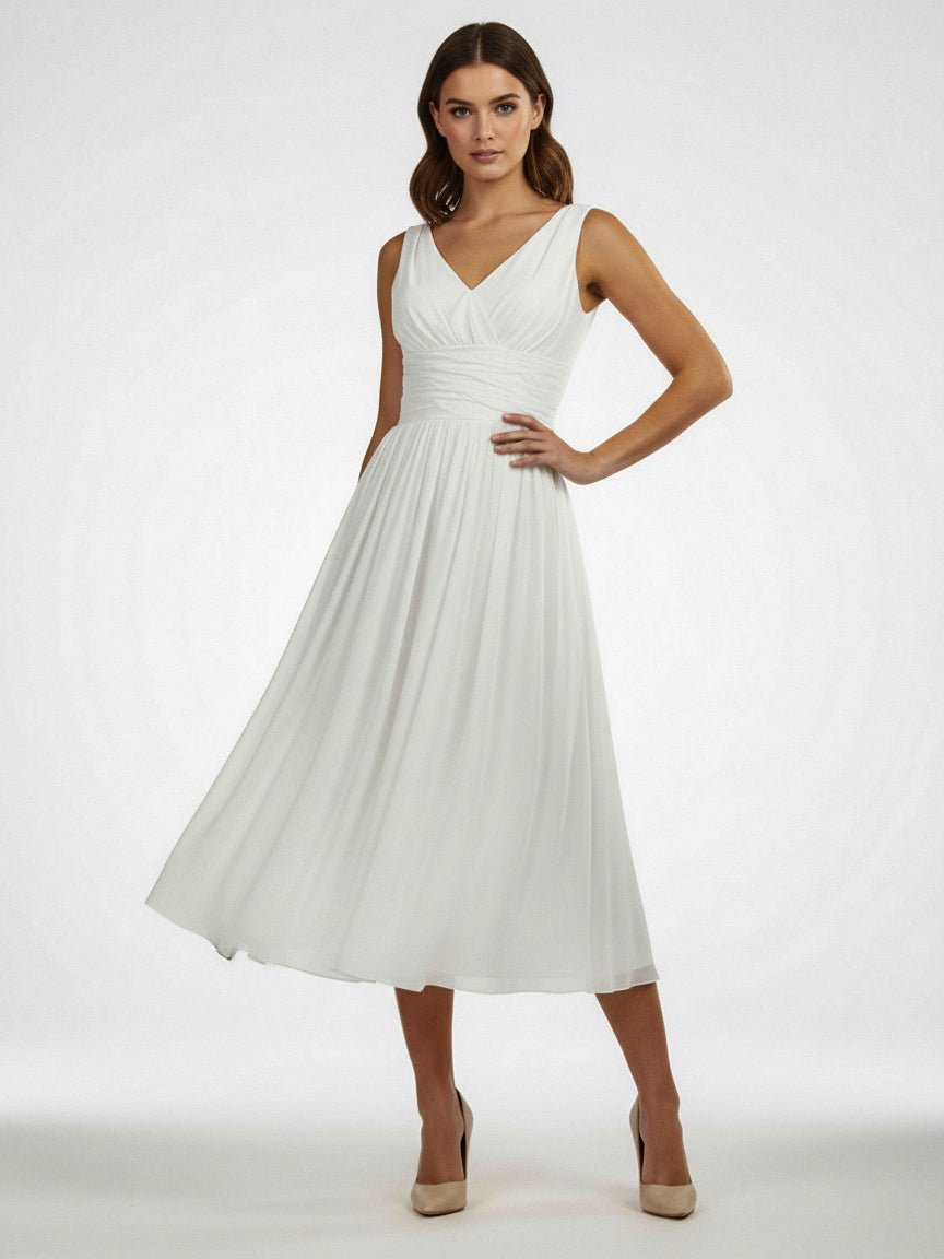 V - Neck Sleeveless Tea - Length Chiffon Wedding Dress With Ruching And Low - V Back - KissProm