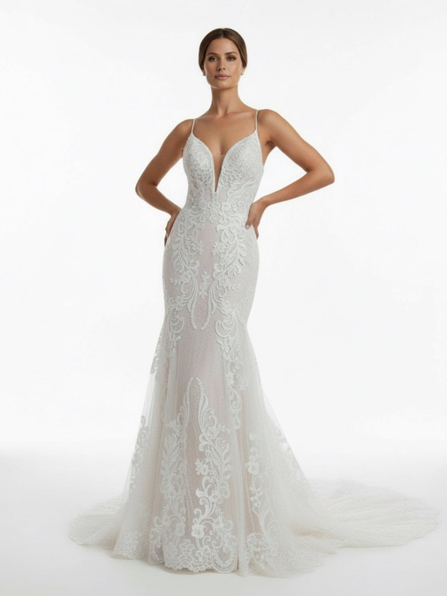 Aliza | Ivory Mermaid Spaghetti Straps Backless Long Lace Wedding Dress - KissProm