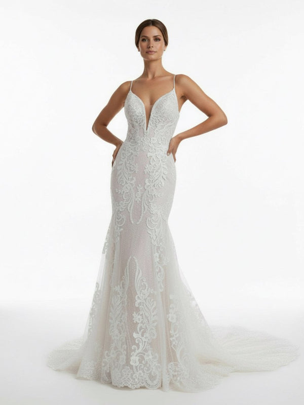 Aliza | Ivory Mermaid Spaghetti Straps Backless Long Lace Wedding Dress - KissProm
