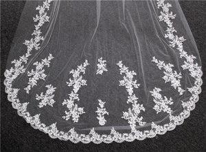 Vintage Long Wedding Veil with Flower Appliques - KissProm
