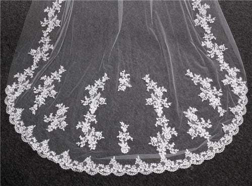 Vintage Long Wedding Veil with Flower Appliques - KissProm