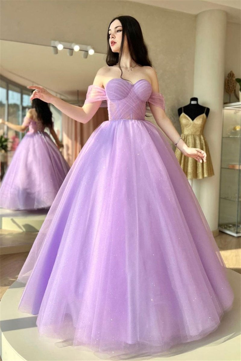 Tia | Lilac Off - the - Shoulder Lace - Up Tulle Long Prom Dress - KissProm