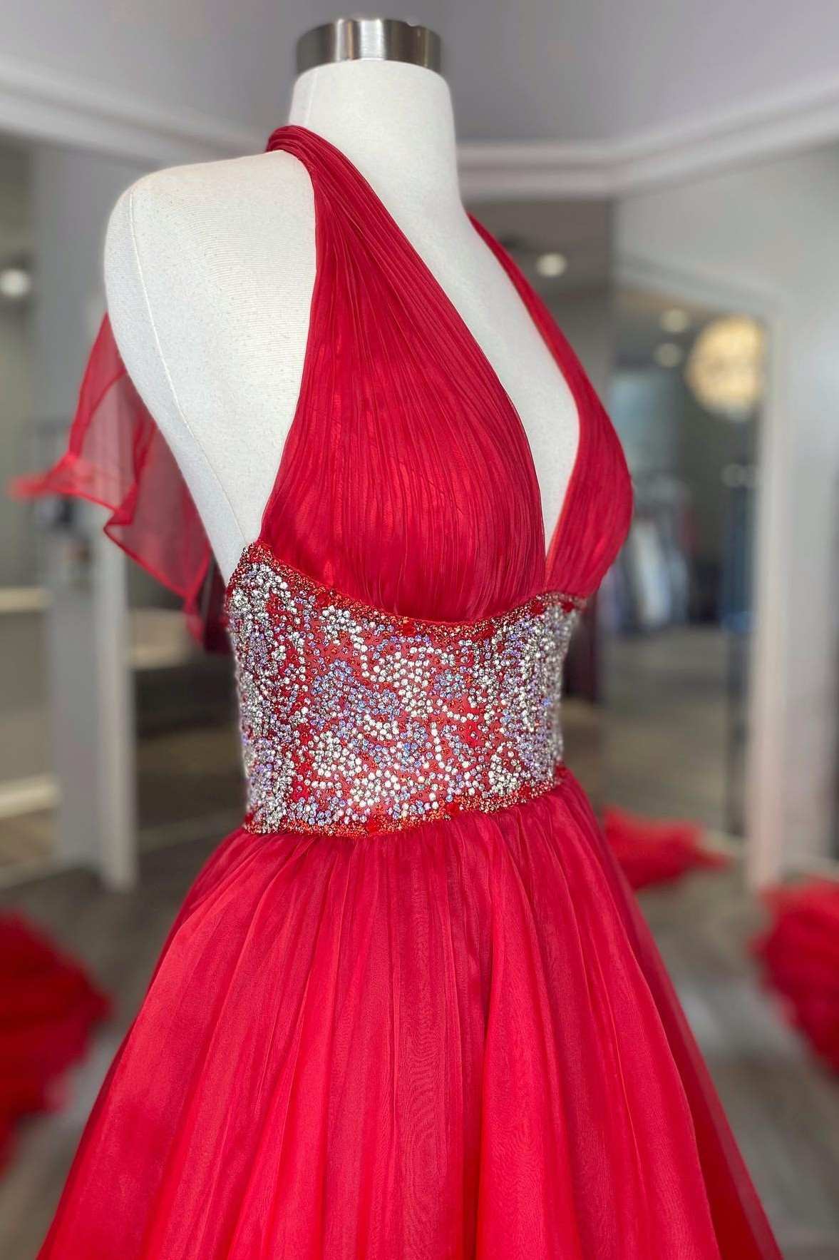Red Beaded Halter Backless A-Line Long Prom Gown