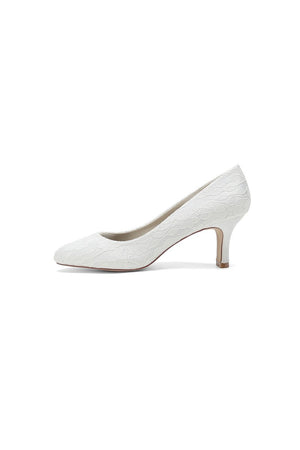 Elegant White Lace High Heels with Wooden Heel - KissProm