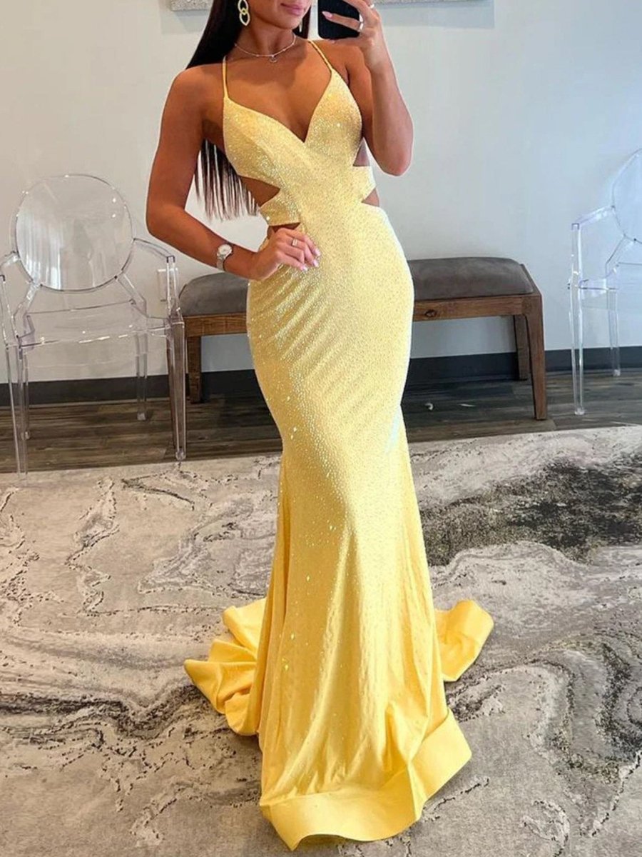 yellow mermaid prom dress Sparkly Mermaid V Neck Yellow Sequins Long Prom Dresses, Yellow / 10