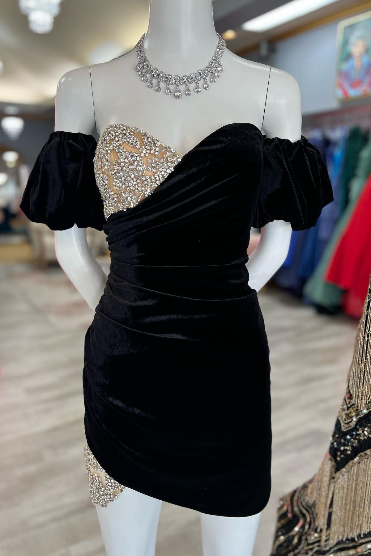 Indie | Black Velvet Sweetheart Beaded Short Cocktail Dress