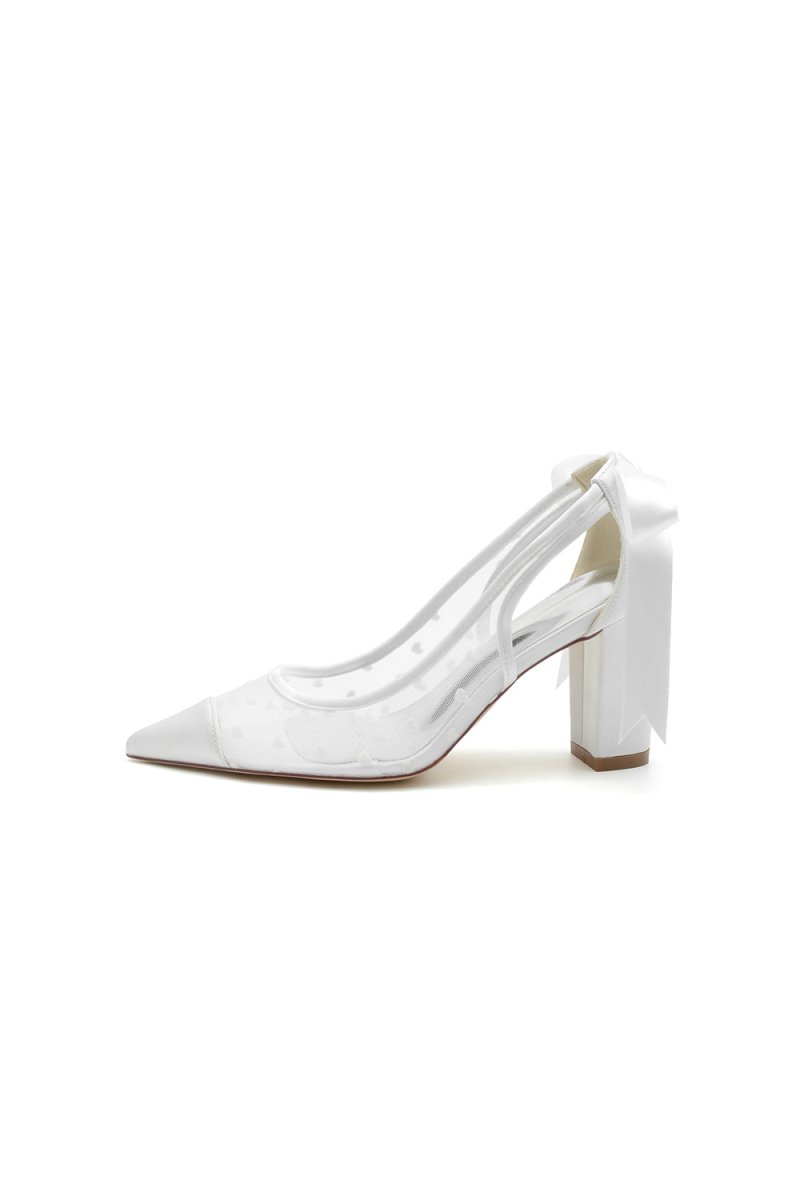 White Mesh Pump with Elegant Bow Detail and Transparent Overlay - KissProm