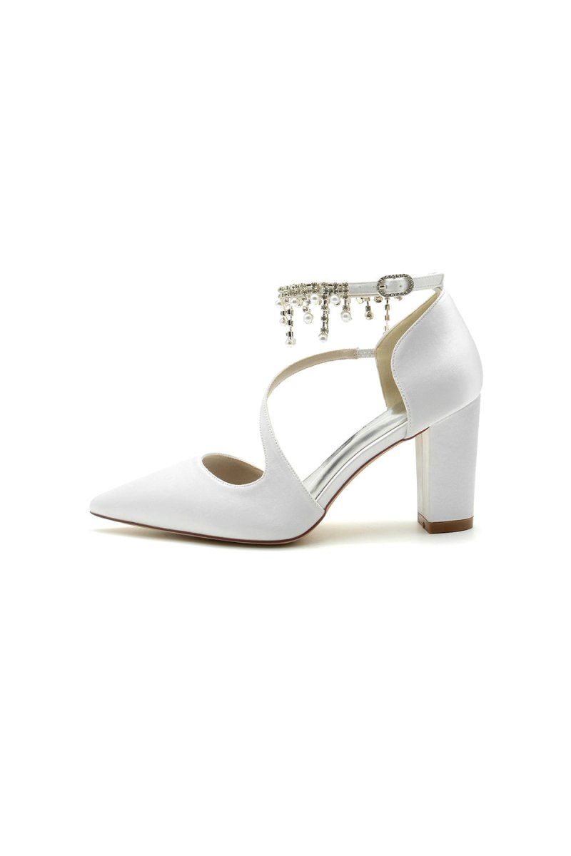 White Satin Pump with Pearl - Embedded Chain Heel - KissProm