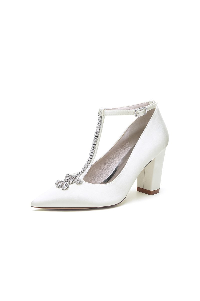 White Leather Pump with Silver Chain and Crystal Accent - KissProm