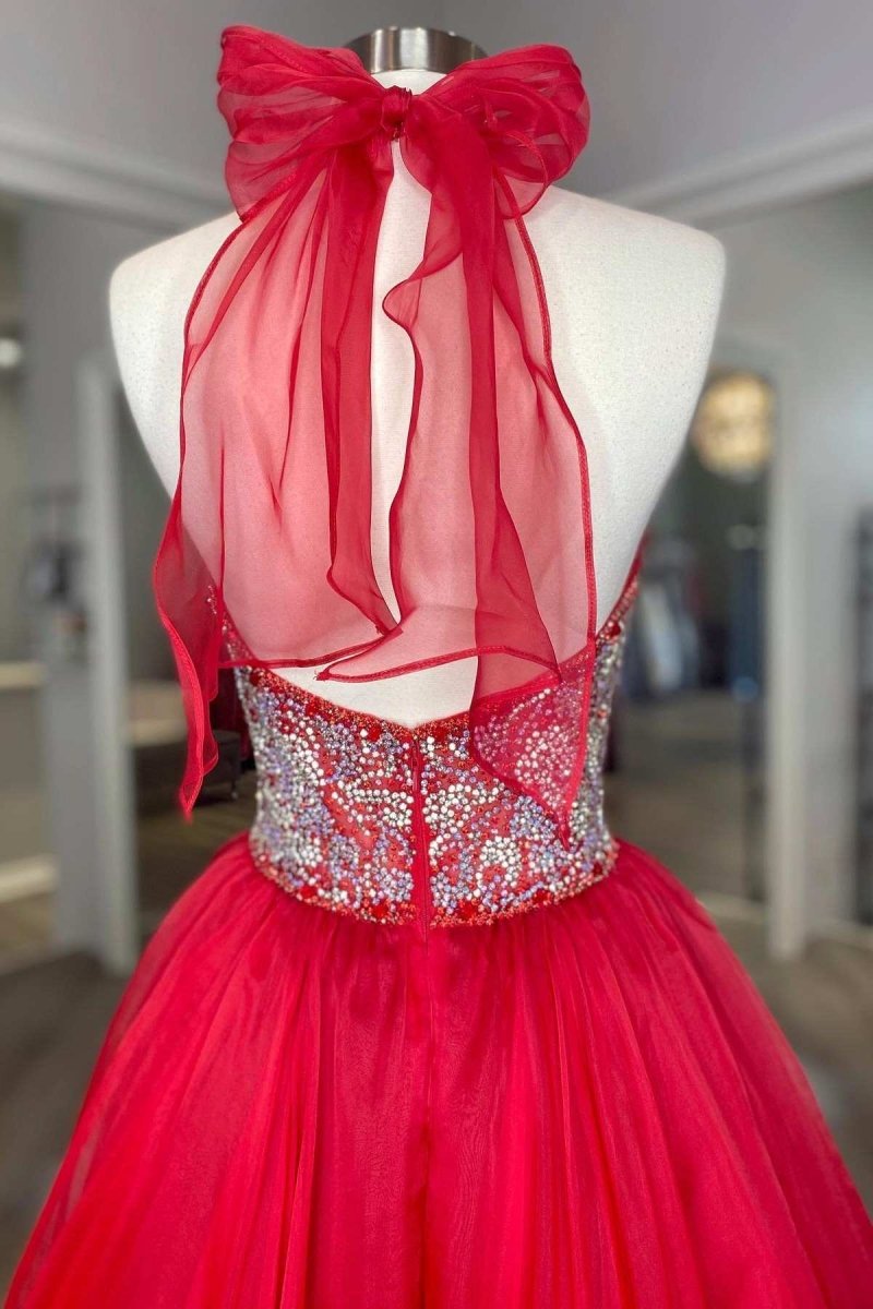 Red Beaded Halter Backless A-Line Long Prom Gown Red / 6 Red Beaded Halter Backless A-Line Long Prom Gown Red / 6
