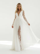 Long Sleeve Boho Flowy Wedding Dress Lace A-Line V-Neck Beach Gown with Split Front and Sweep Train