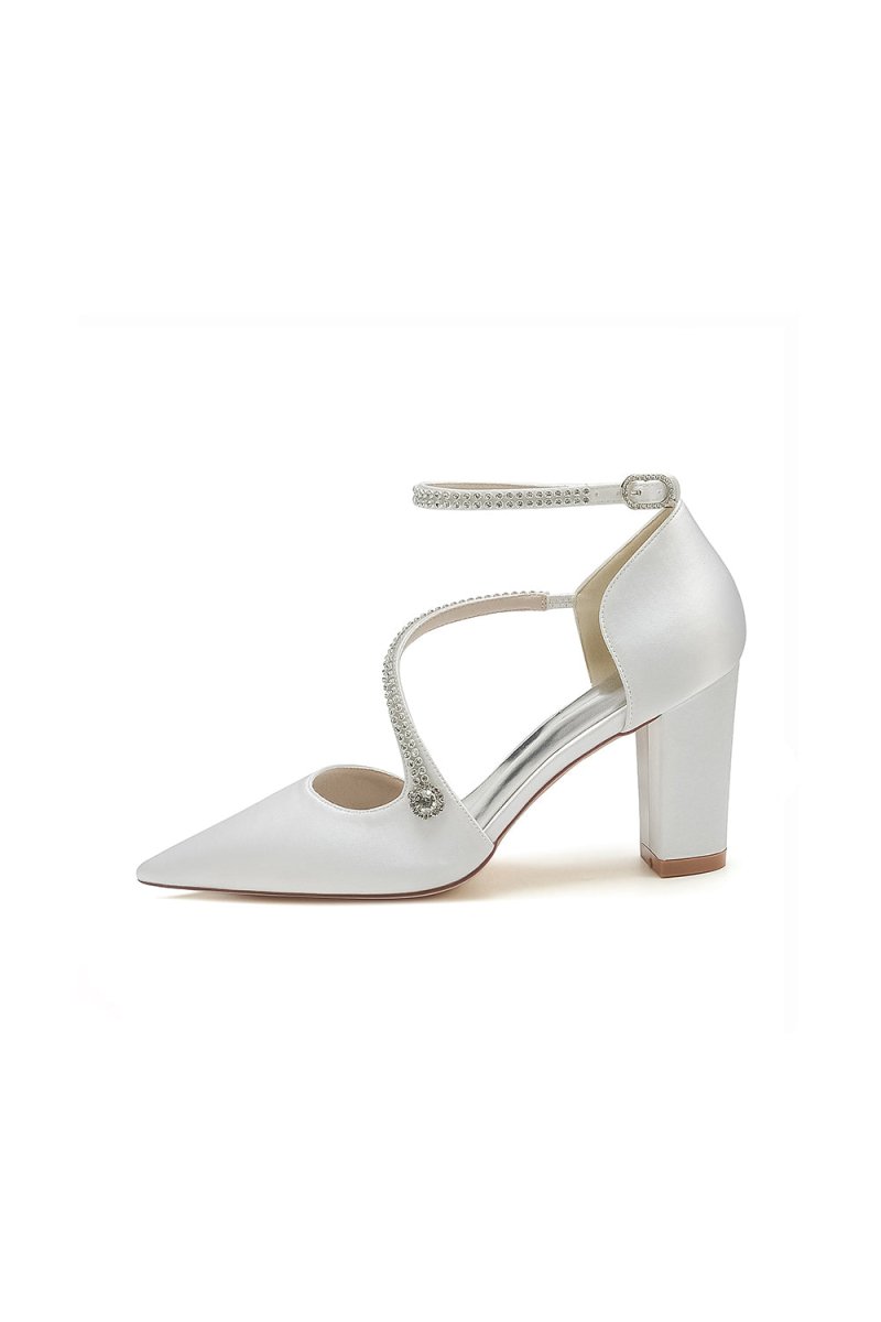 White Satin Pump with Cross - Strap and Beaded Buckle - KissProm