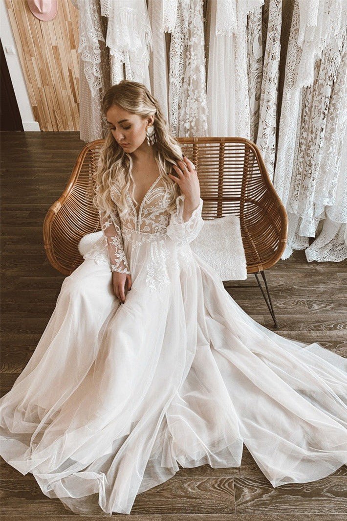 A-Line Lace Top Flare Sleeves Open Back Wedding Dress, White-Nude / 16
