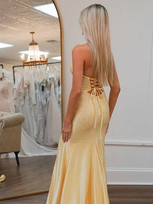 Telah | Glitter Mermaid Yellow Sweetheart Cut-out Long Prom Dress with Beading