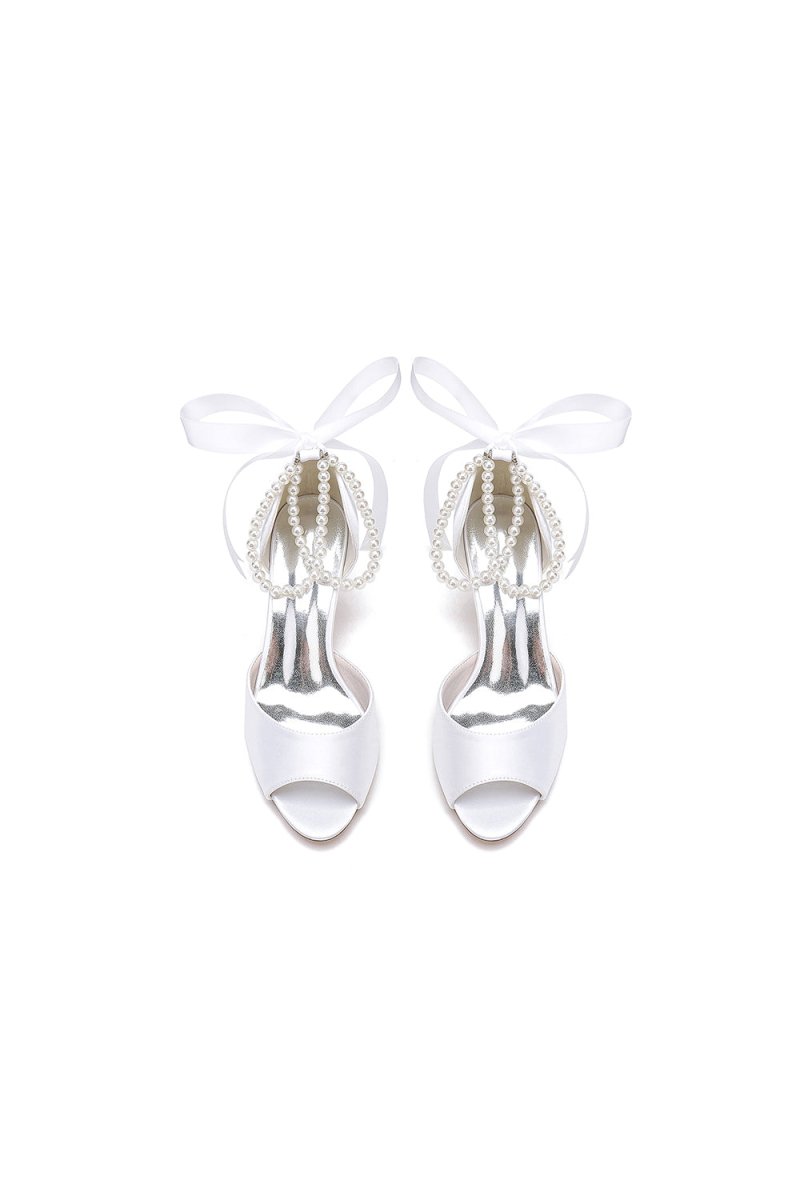 Chic White Satin Heels Featuring a Pearl-Embellished Bow