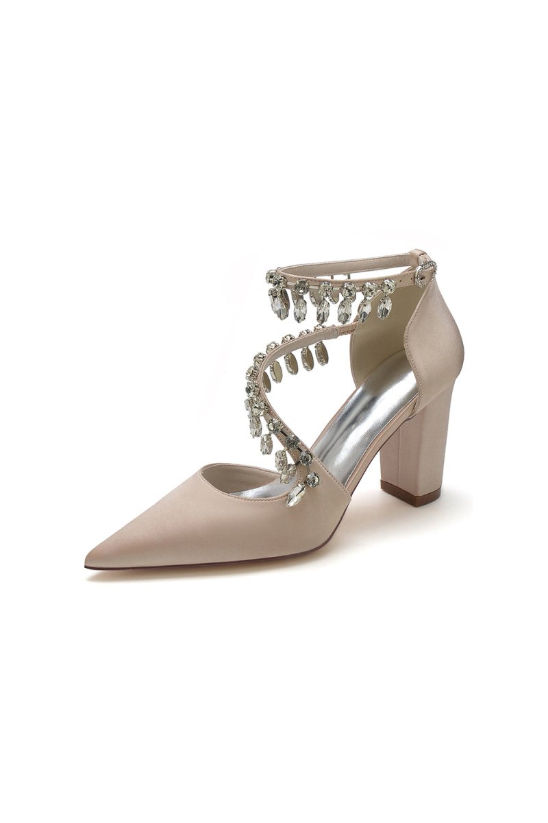 White High Heels with Chain and Crystal Accent - KissProm
