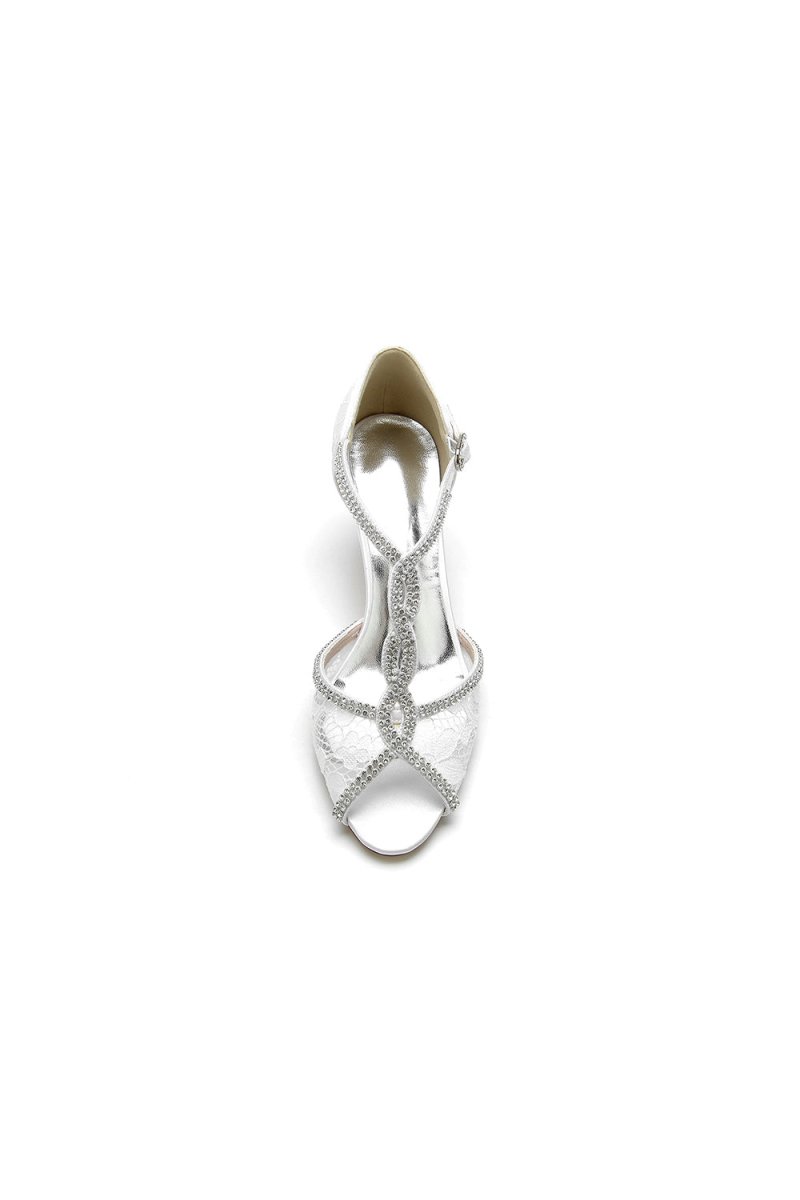 Ivory Leather Heels Adorned with Lace and Rhinestone Accents - KissProm