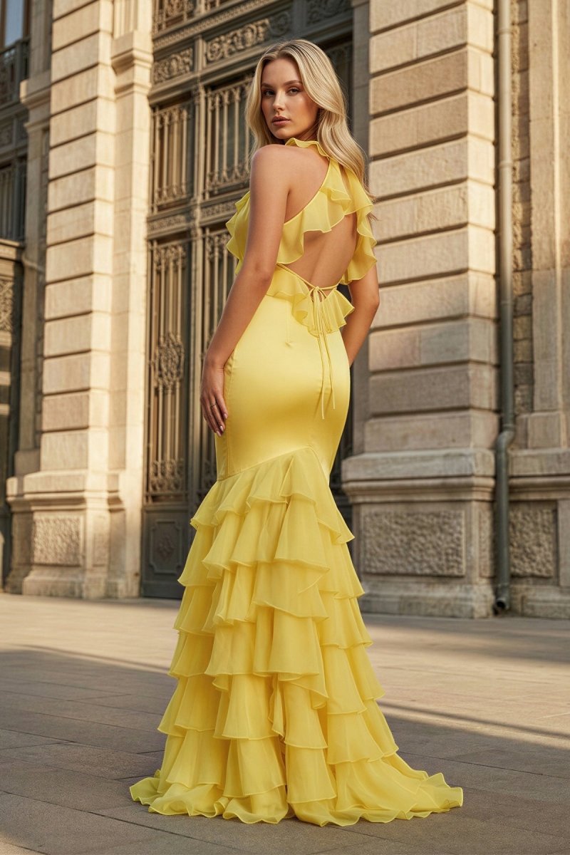 Tatum | Yellow V Neck Satin Mermaid Ruffles Long Prom Dress - KissProm