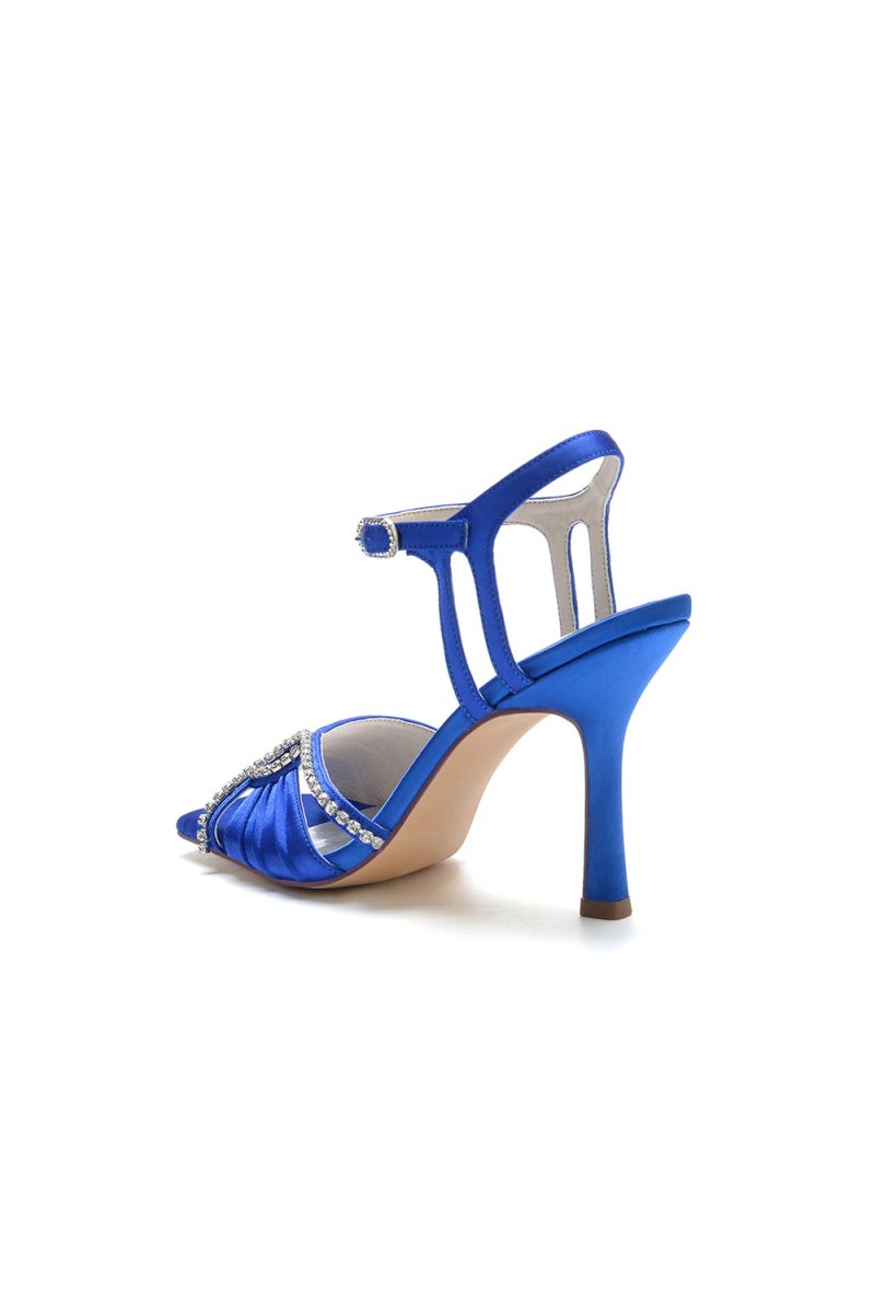 Royal Blue Satin Heels with Rhinestone Detailing - KissProm