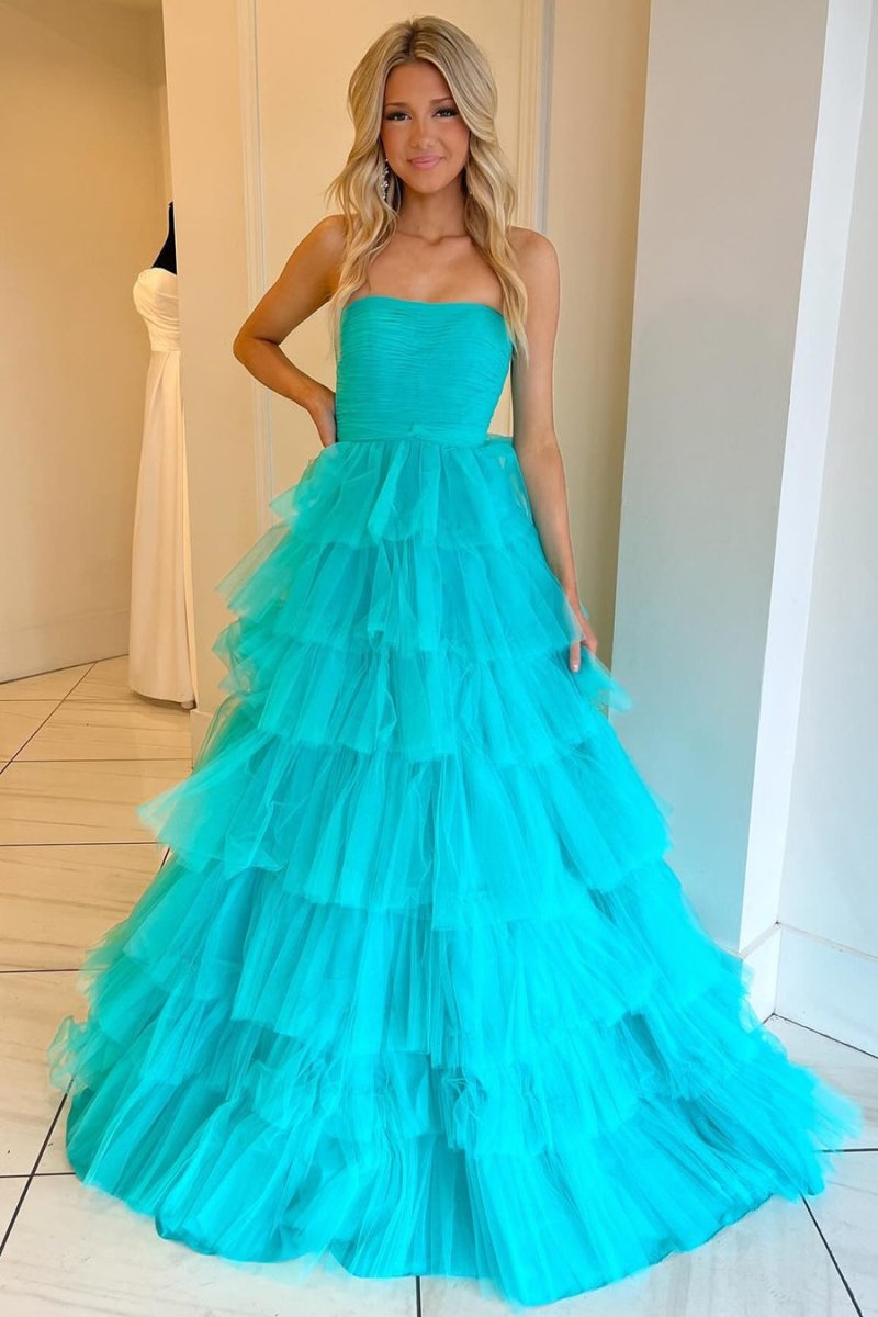 Daleyza |A-Line Strapless Tiered Tulle Prom Dress with Ruffles