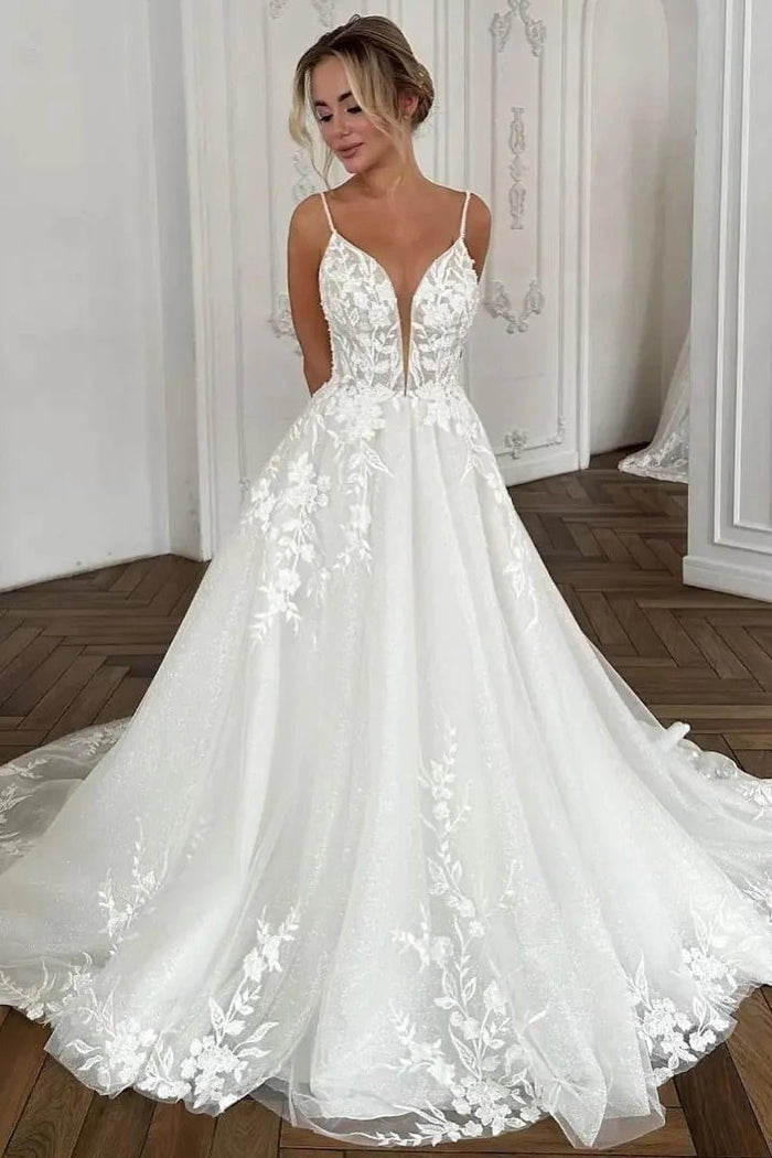 A Line Long Sleeves V Neck Tulle Appliques Wedding Dress LBQW0168 main image 1