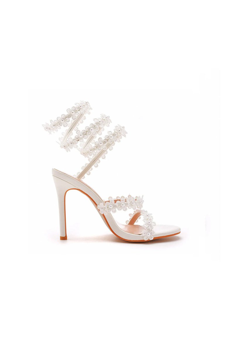 White Flower Ankle Wrap Strap Open Toe Ultra High Heels - KissProm