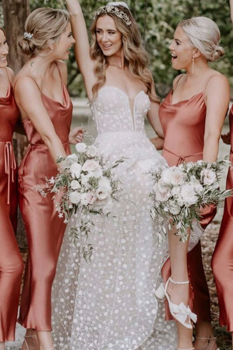 Bohemian Sheath Straps Rust Silk Satin Ankle Length Bridesmaid Dresses - KissProm