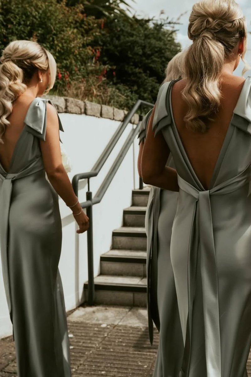 Sheath V Neck Sage Green Silk Satin Bridesmaid Dress with Bow, Sage Green / Custom Size