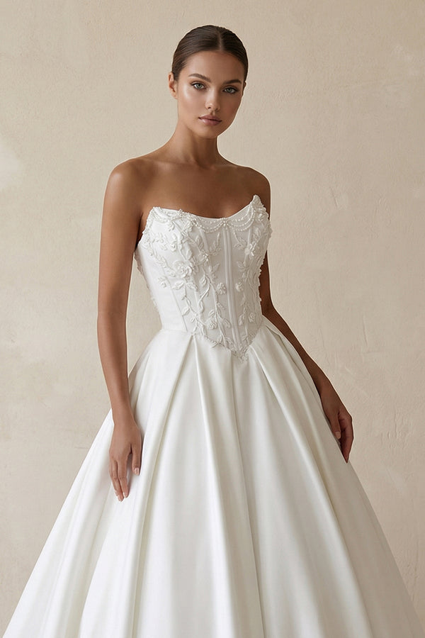 3D Floral Strapless Corset Satin Wedding Gown in White - KissProm Wedding Dresses