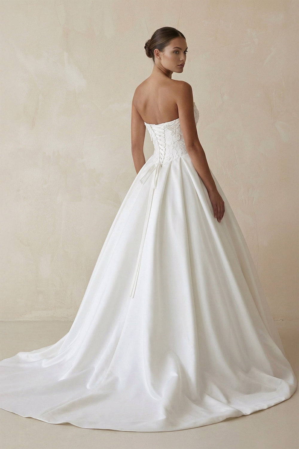 3D Floral Strapless Corset Satin Wedding Gown in White - KissProm Wedding Dresses